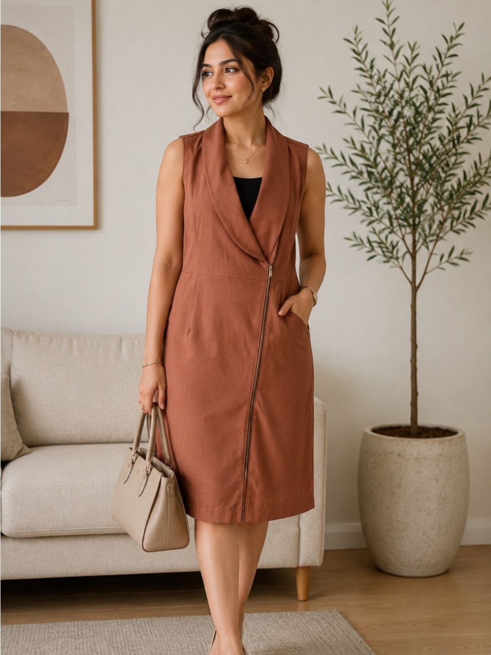 Dynamite Sleeveless Rust-Brown Midi Dress with Asymmetric Zip